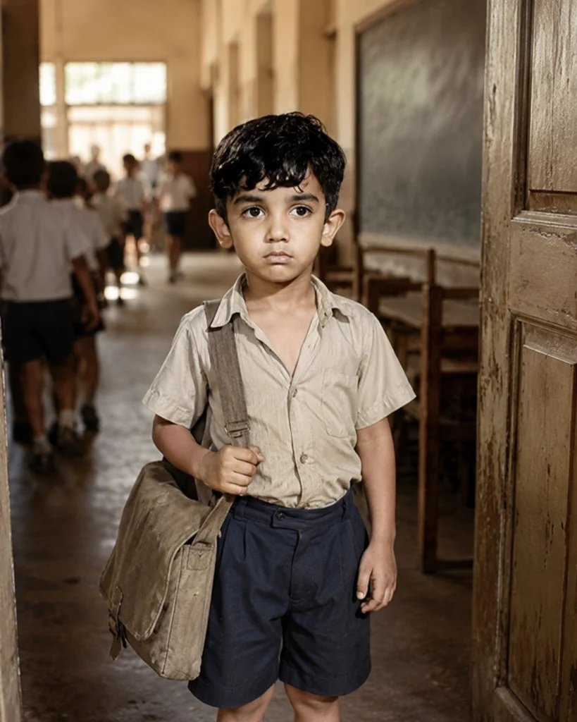 AI recreation of a child standing at a school classroom doorway
