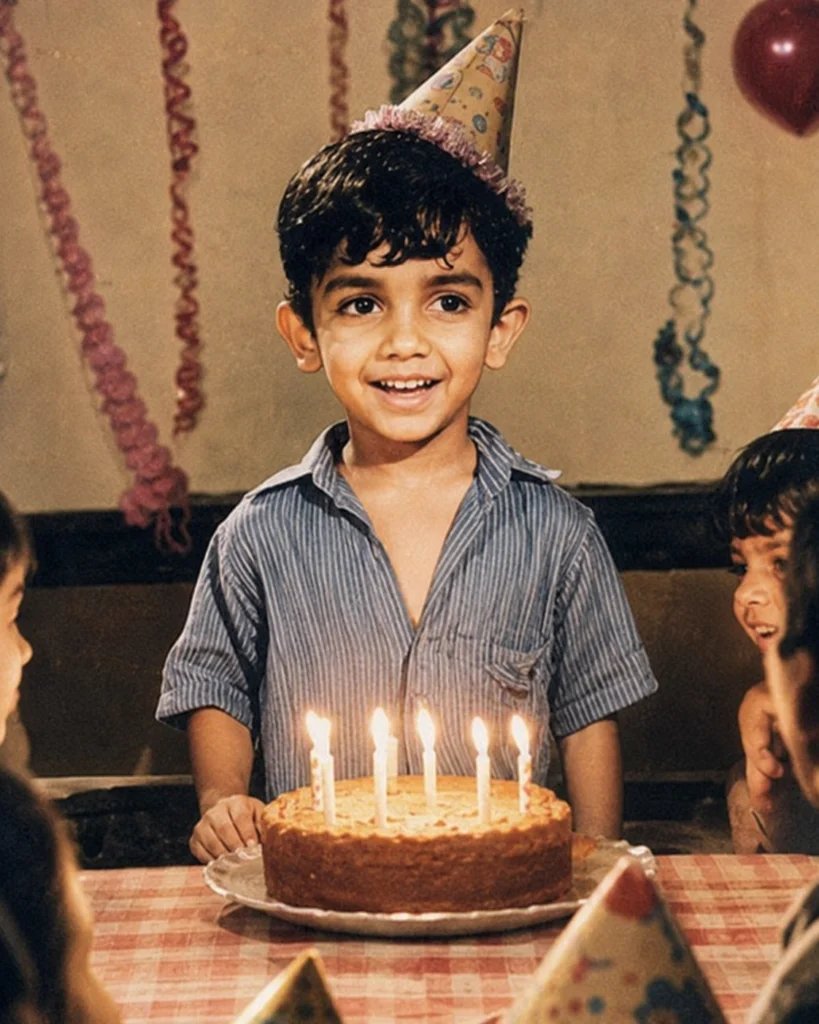 AI recreation of a childhood birthday party with cake and decorations