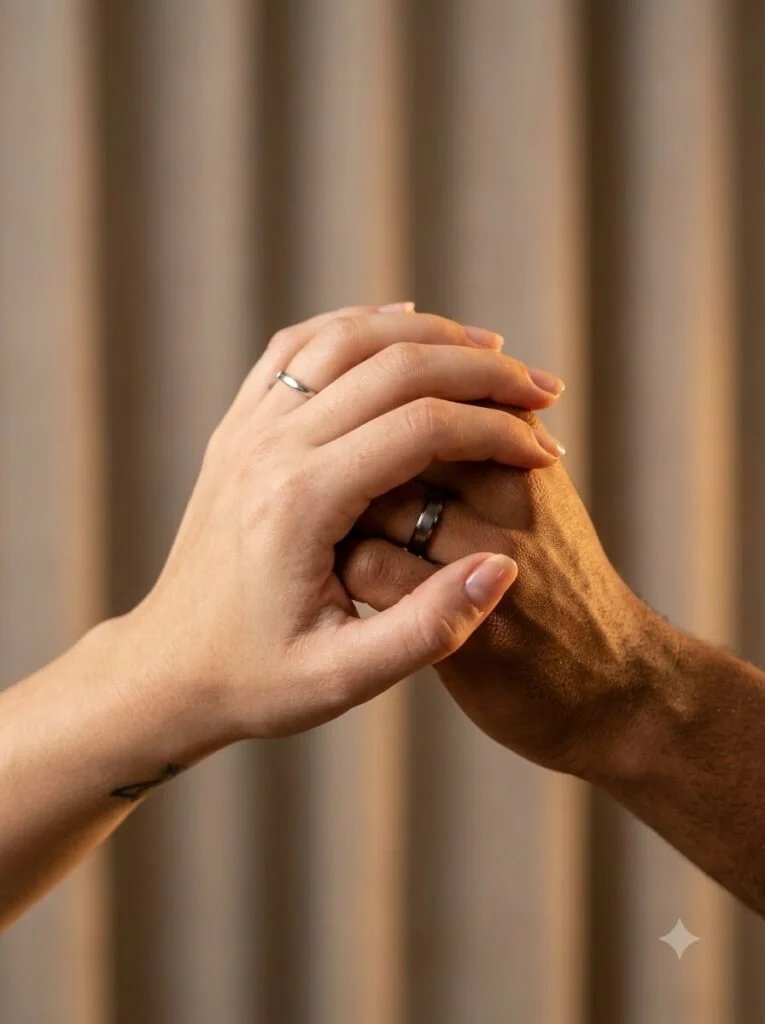Close-up of two intertwined hands beside a softly blurred curtain