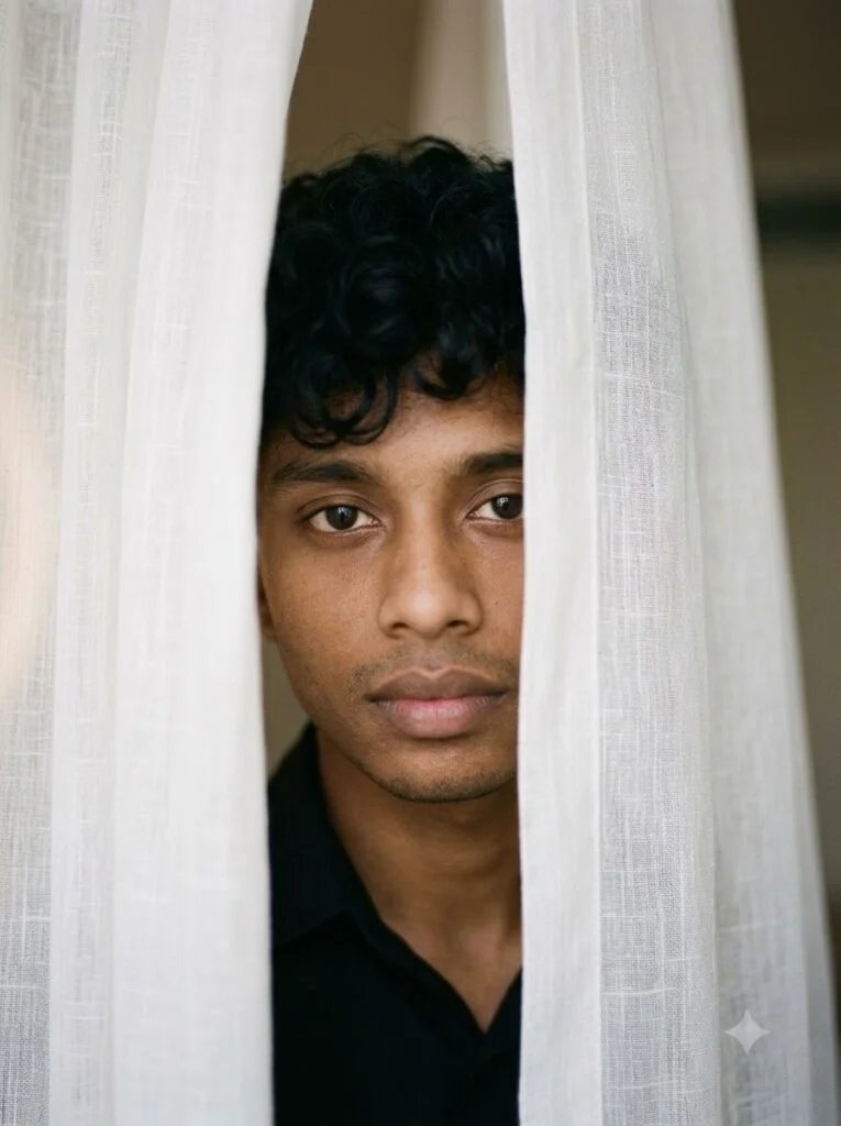 Close portrait photographed through a translucent white curtain