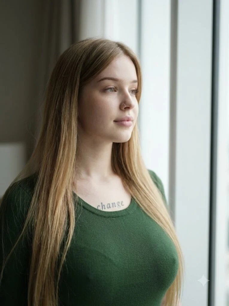 Woman seated by a window in soft diffused daylight