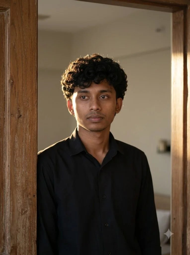 Man standing in a doorway with golden-hour backlighting