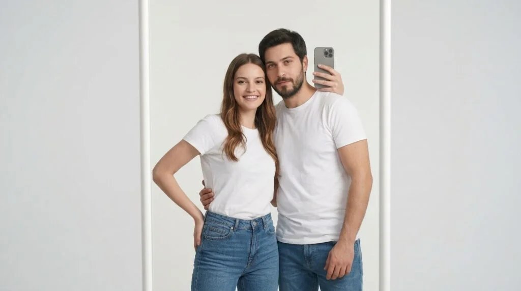 Couple posing for a playful mirror selfie in matching white shirts and jeans