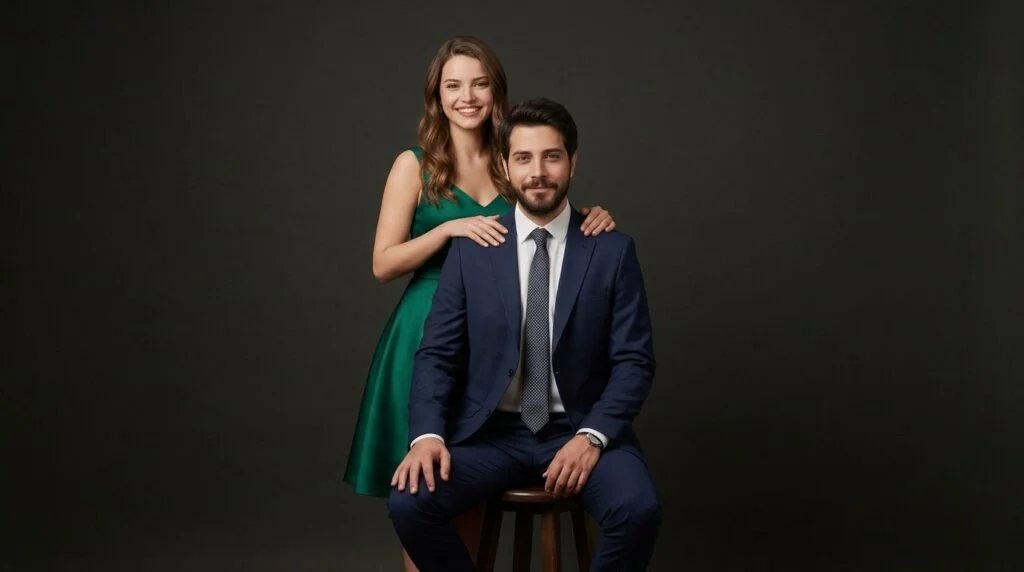 Formal couple portrait with the man seated and the woman standing behind him