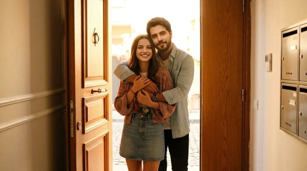Couple in a warm back-hug pose at a sunlit apartment doorway