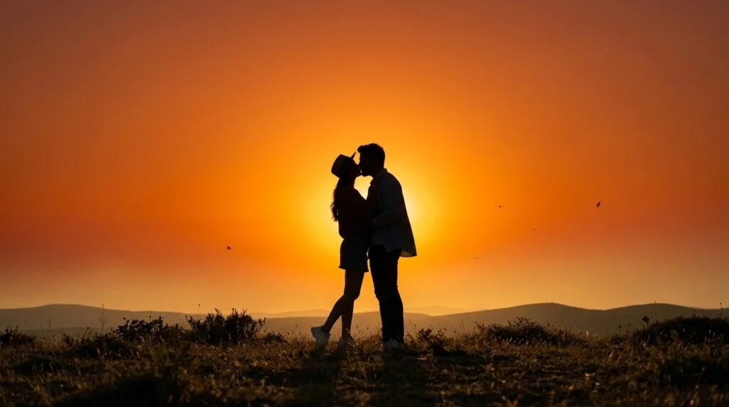 Couple kissing in silhouette on a hilltop against an orange sunset sky