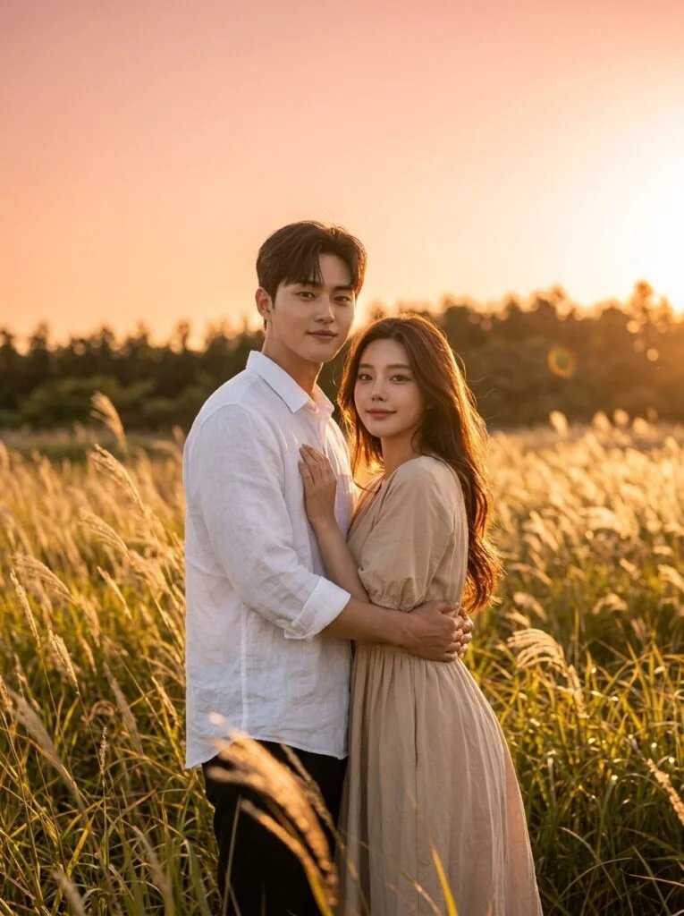 Golden-hour couple portrait standing in tall grass