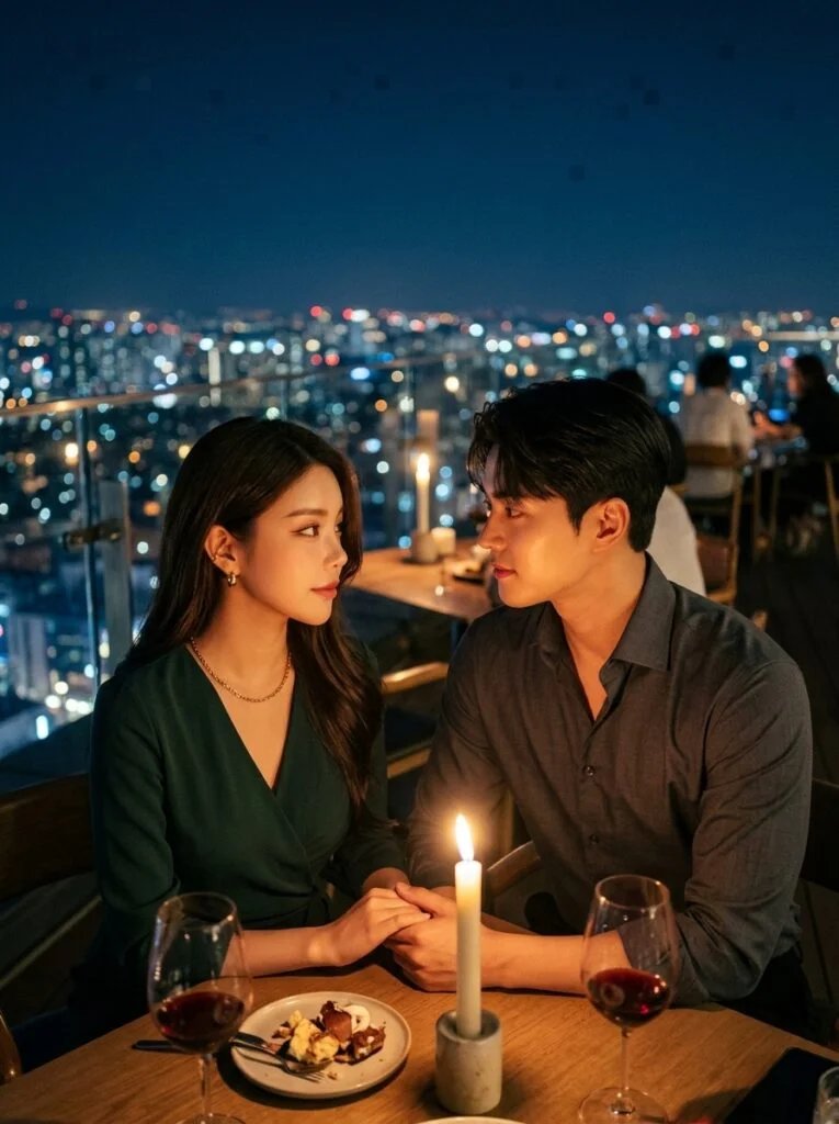 Romantic couple having a rooftop candlelight dinner