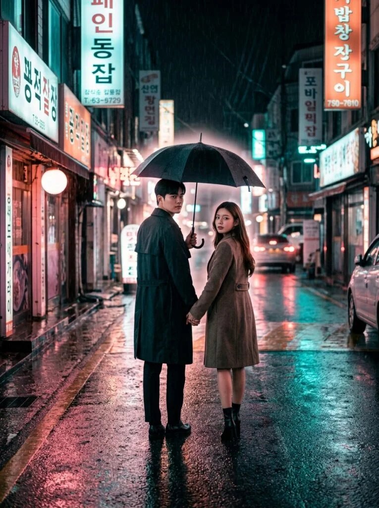 Couple walking under an umbrella on a rainy neon street