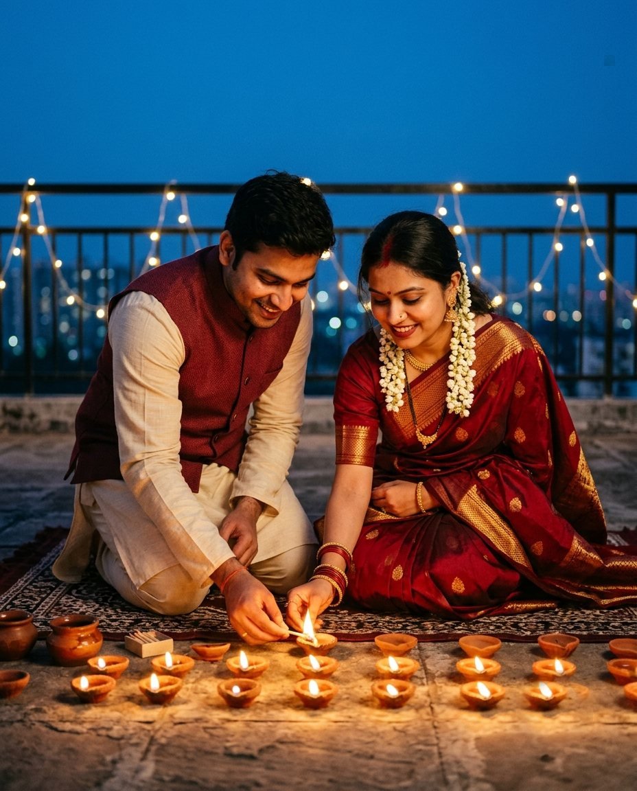 Couple kneeling together on a terrace at dusk lighting a row of clay diyas with fairy lights behind them