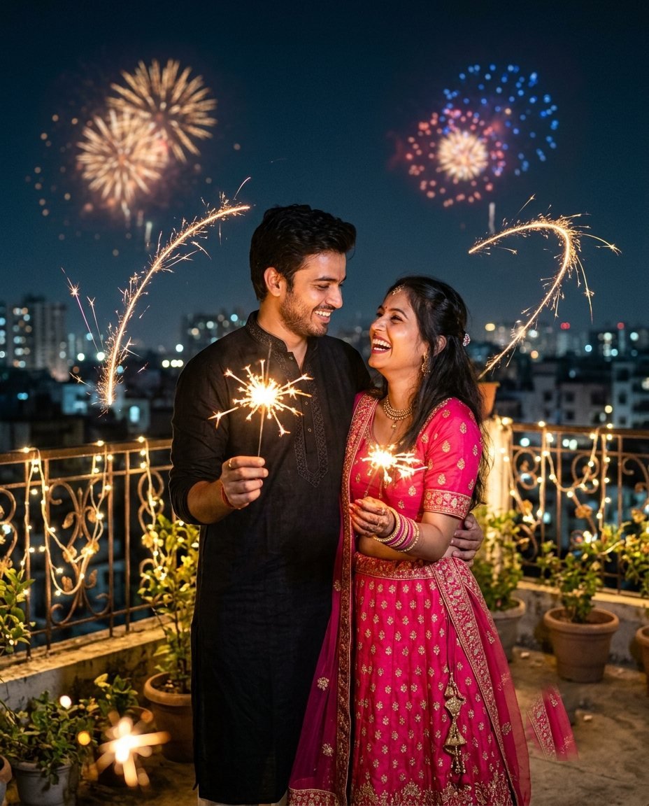 Couple laughing on a rooftop at night holding sparklers with fireworks in the distant sky
