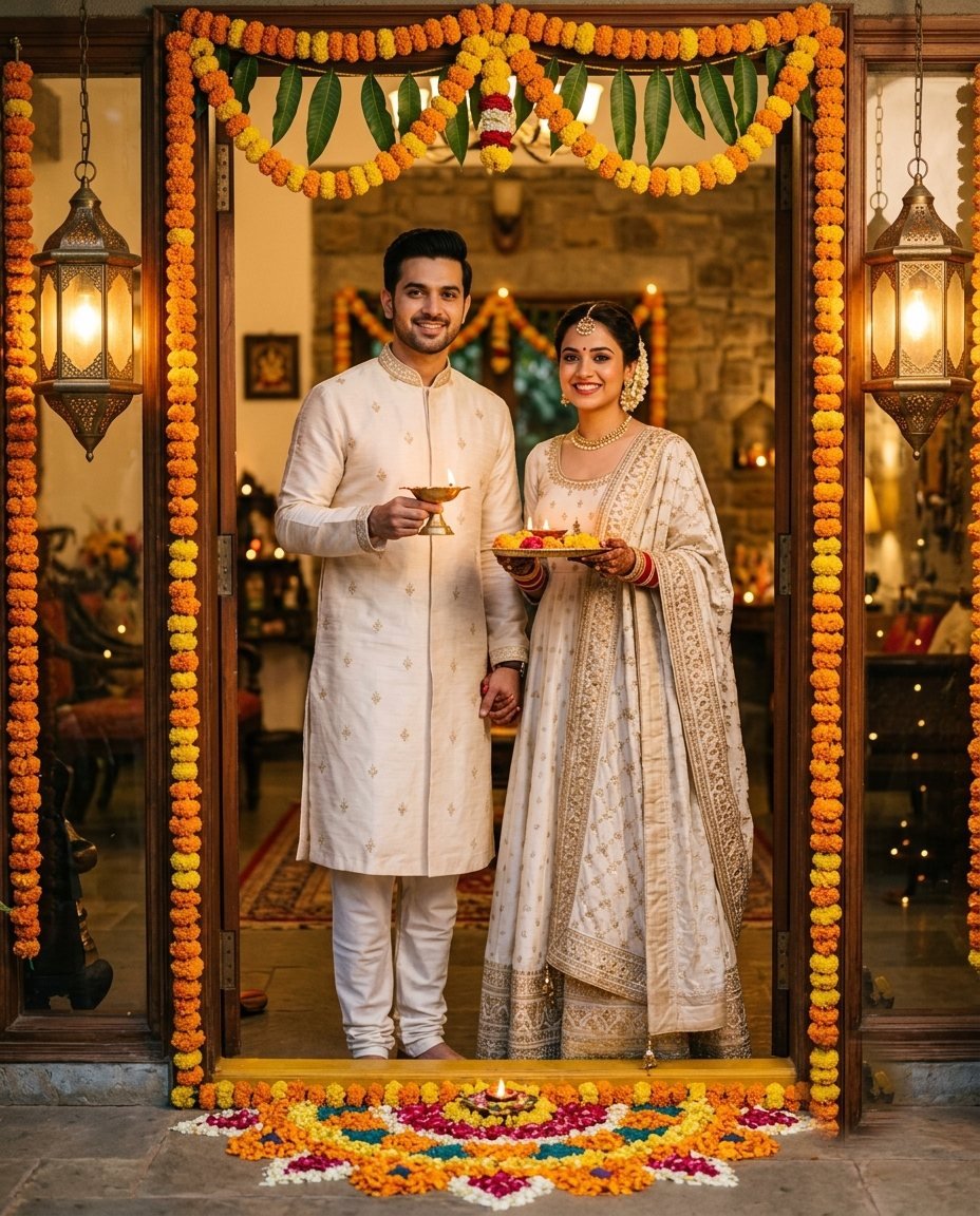 Couple in coordinated ivory and gold outfits standing in a marigold-decorated doorway with a rangoli at their feet
