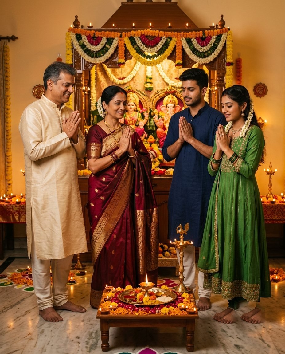 Family of four with folded hands in front of a home temple during Lakshmi pooja with a decorated thali and diyas