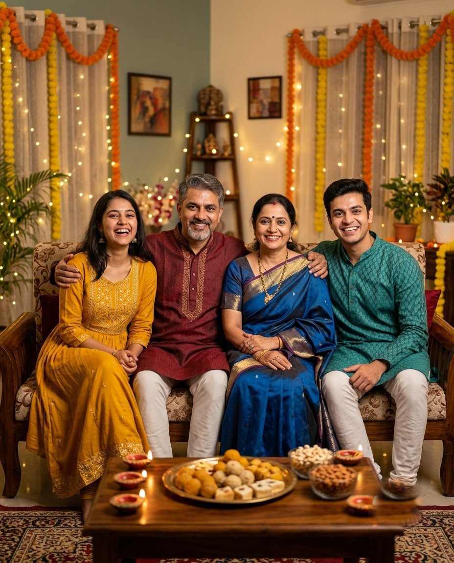 Family of four on a sofa in a living room with fairy lights, marigold garlands and a table of mithai and diyas