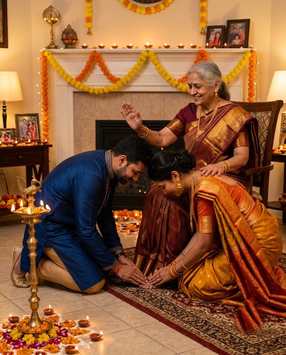 Young couple bending to touch the feet of an elderly mother who blesses them in a diya-lit living room