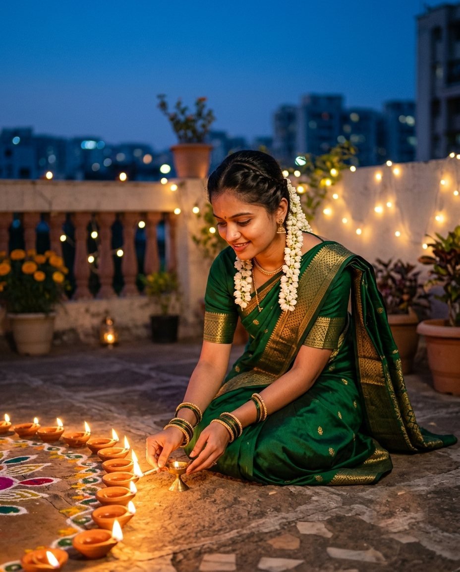 Woman in an emerald silk saree kneeling on a terrace lighting a row of clay diyas at dusk