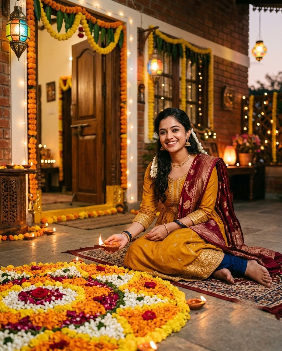 Woman in a mustard anarkali sitting beside a flower-petal rangoli at a decorated doorway with marigold torans