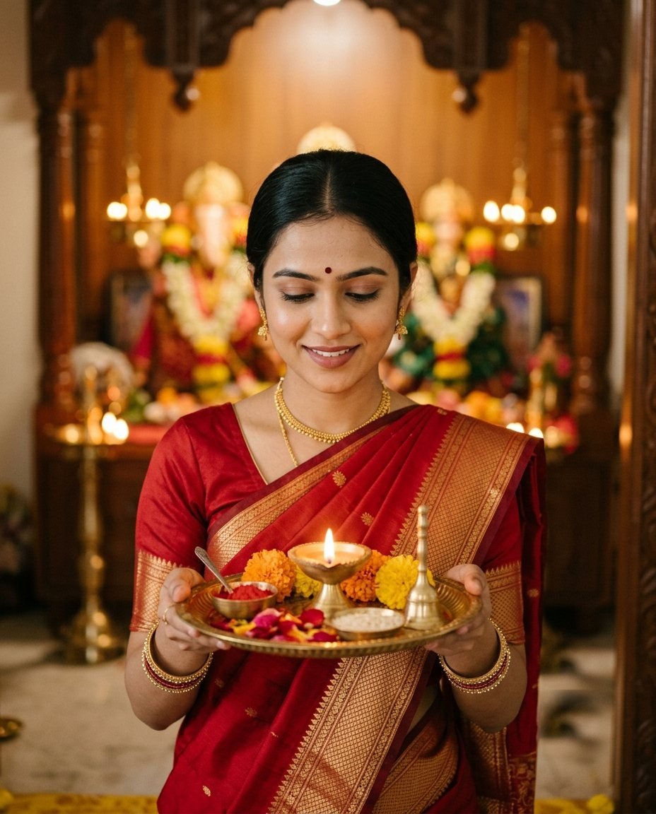 Woman in a red silk saree holding a decorated brass pooja thali with a lit diya in front of a home temple