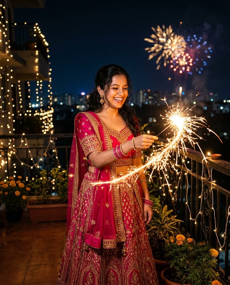 Woman in a pink and gold lehenga holding a sparkler on a dark balcony with fireworks in the sky behind her