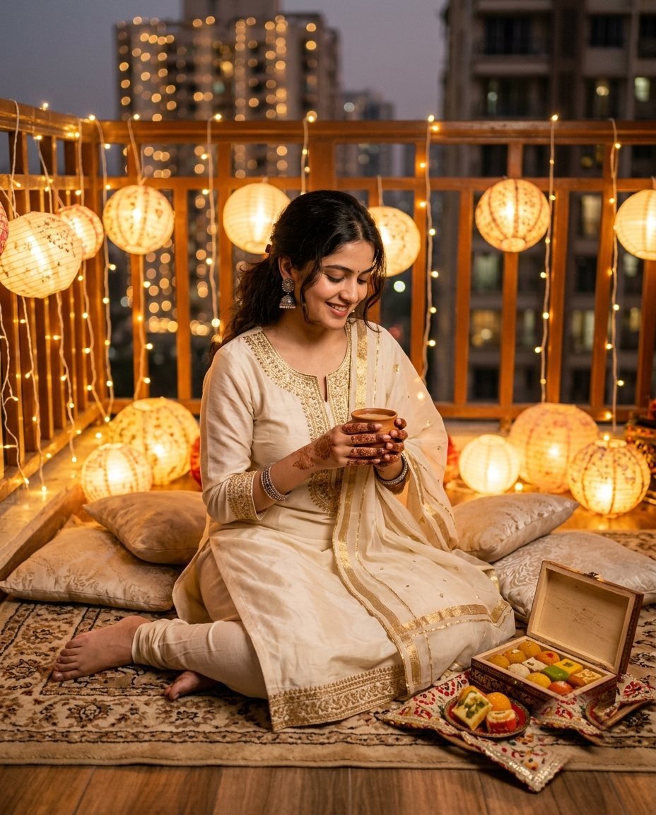 Woman in a cream kurta set sitting on a balcony floor with paper lanterns, fairy lights and a box of sweets