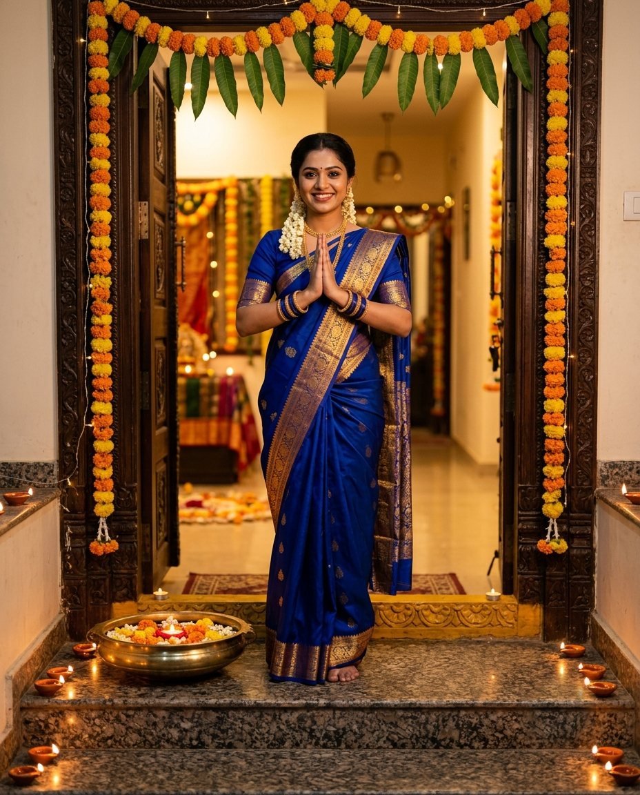 Woman in a royal blue silk saree standing at a marigold-decorated doorway with her hands folded in namaste