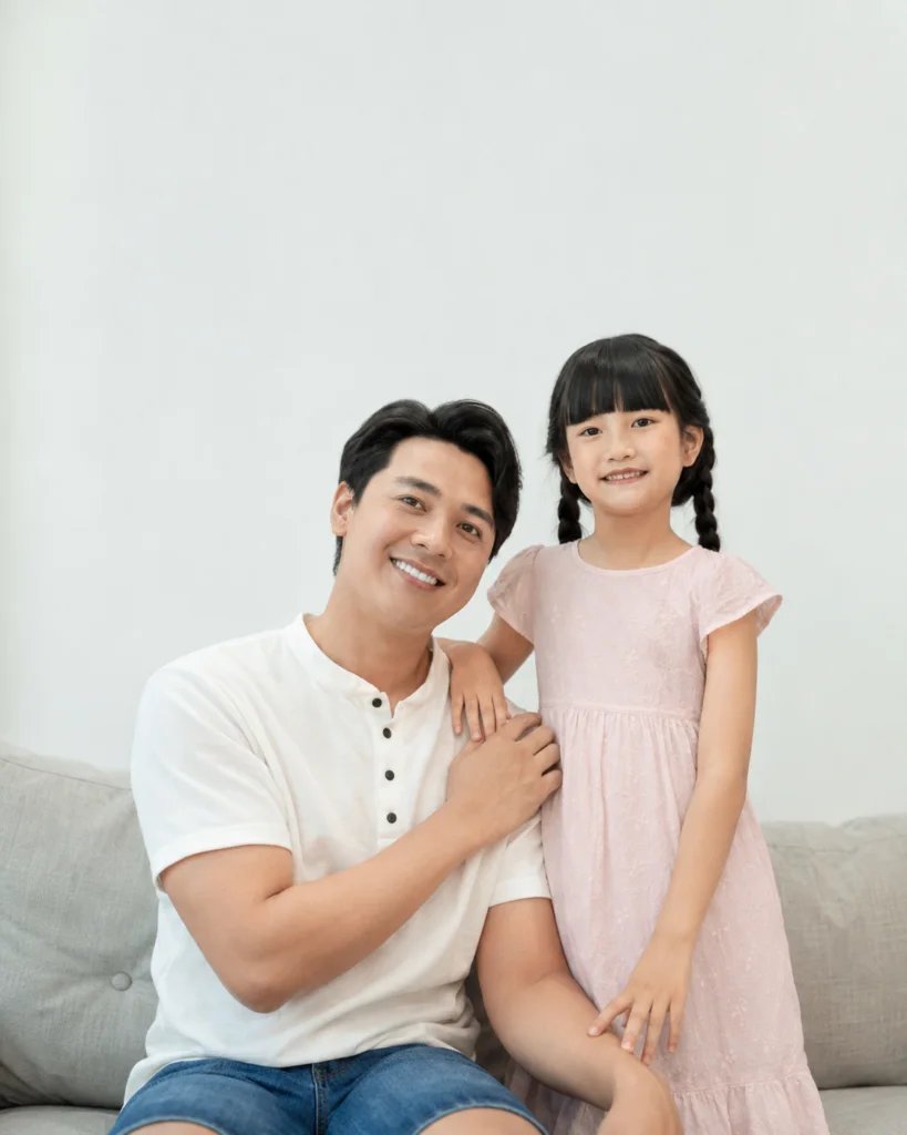 Father seated beside his daughter in a warm Father's Day portrait with their hands joined