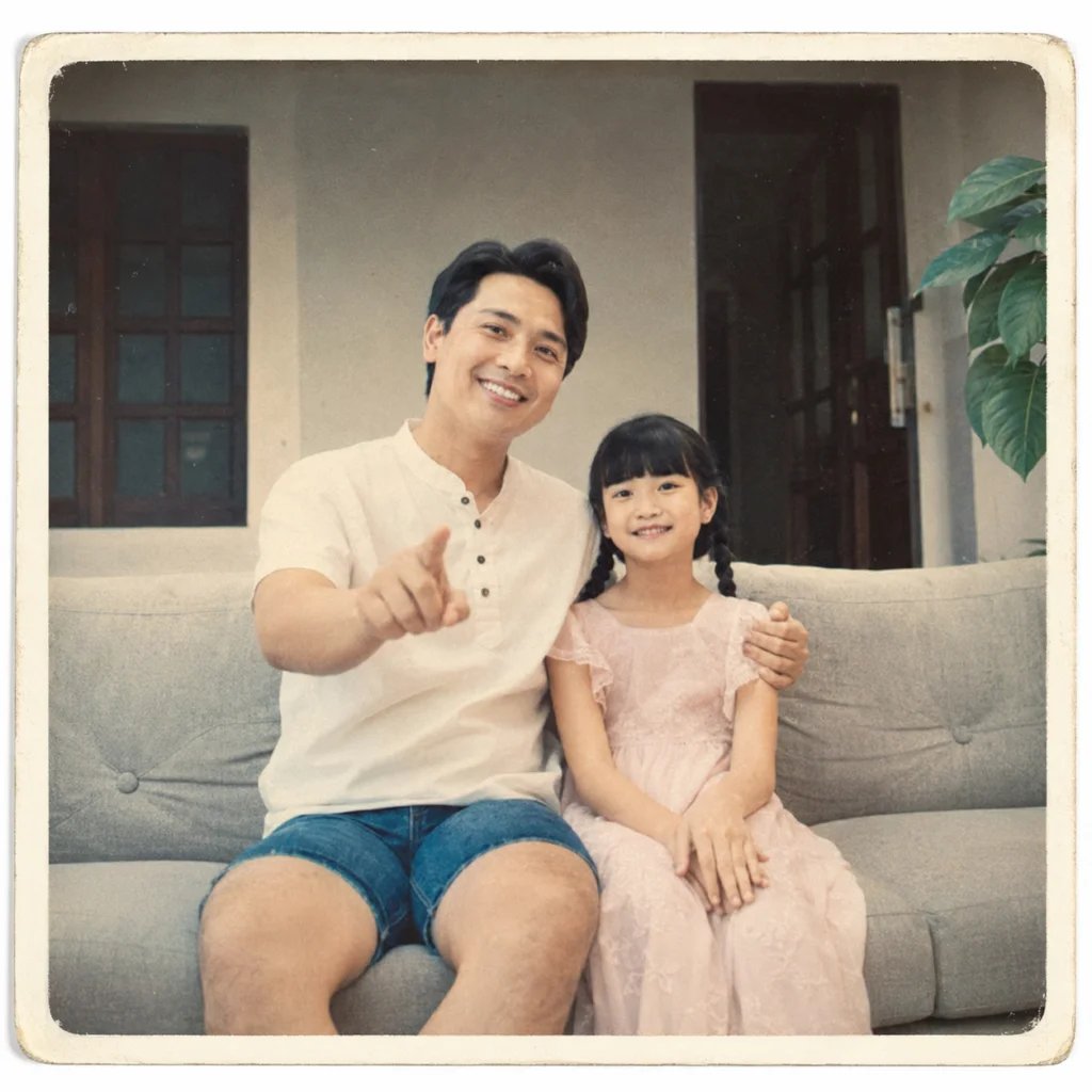 Father and daughter portrait restyled as a warm faded 1980s family album photograph