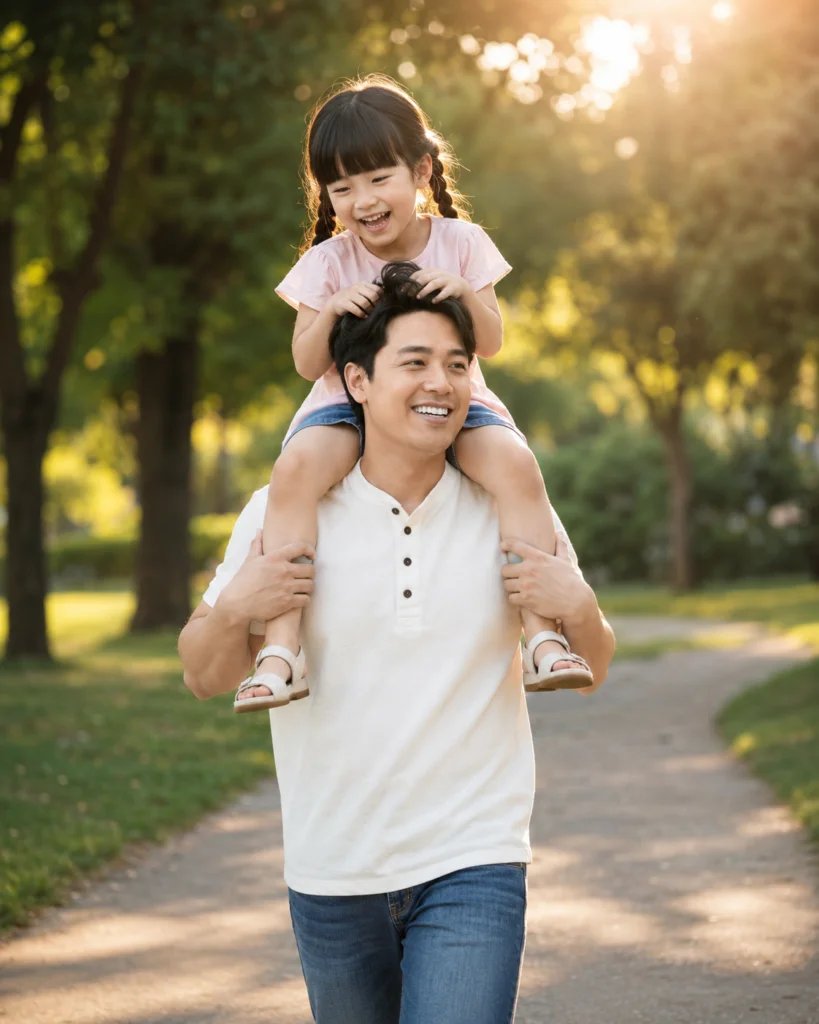 Father walking in a park with his toddler daughter sitting securely on his shoulders