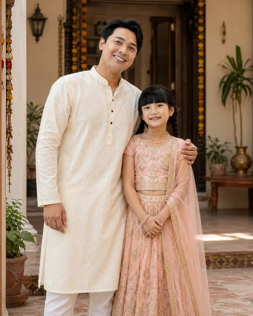 Father and young daughter posing together in coordinated traditional Indian clothing