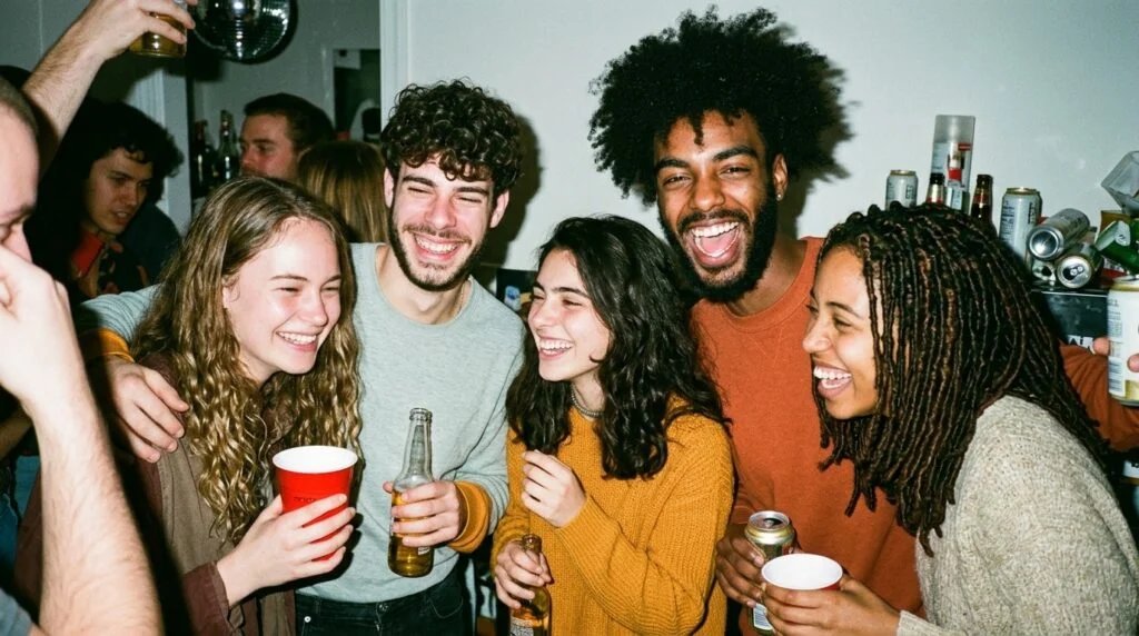 Friends laughing together at a crowded house party photographed with direct flash