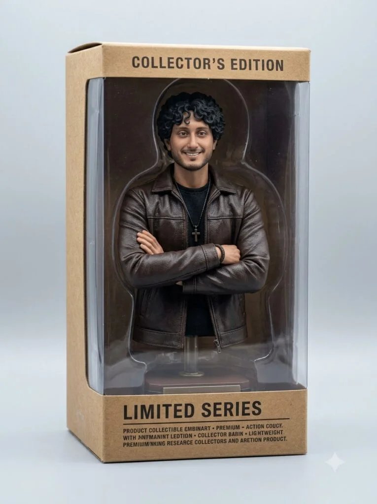 Collectible action figure style figurine displayed inside retail packaging box