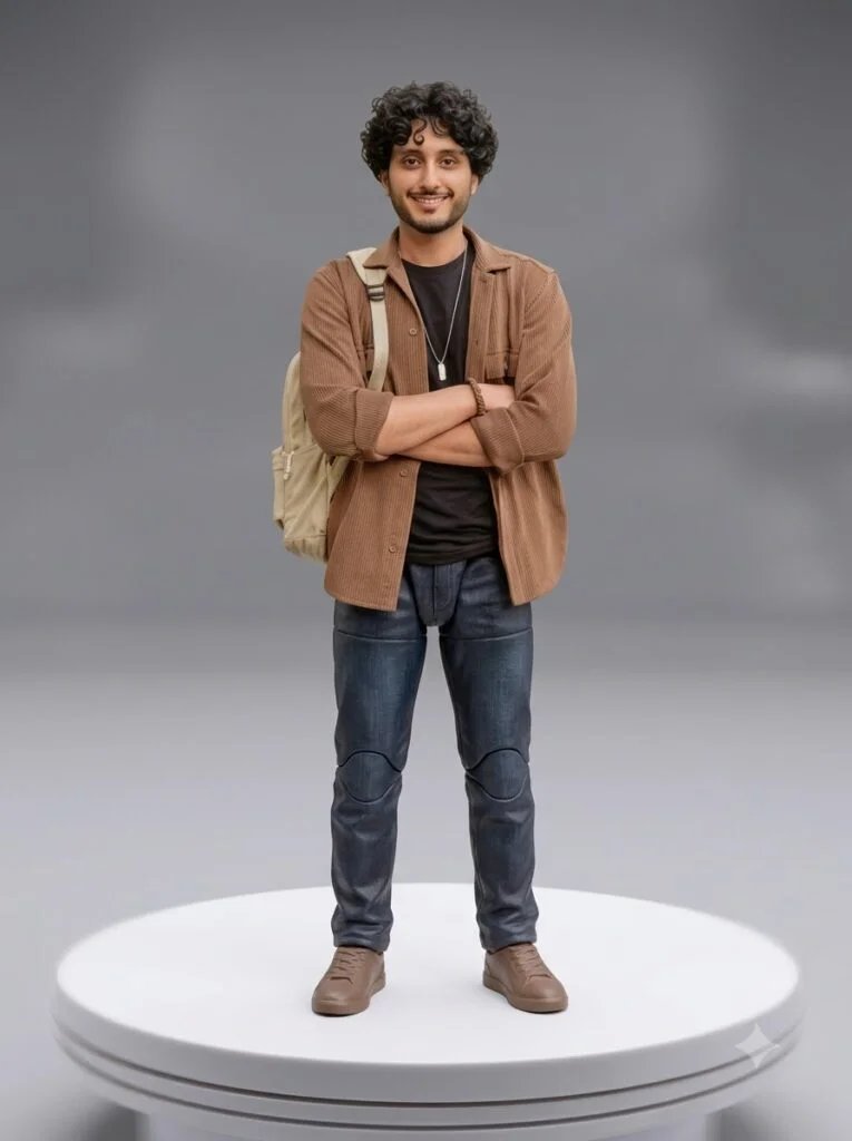 Collectible figurine standing on a rotating display turntable in a studio setup