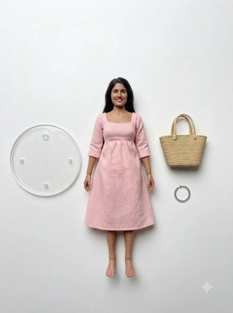 Flat-lay product arrangement of a figurine with its accessories and display base