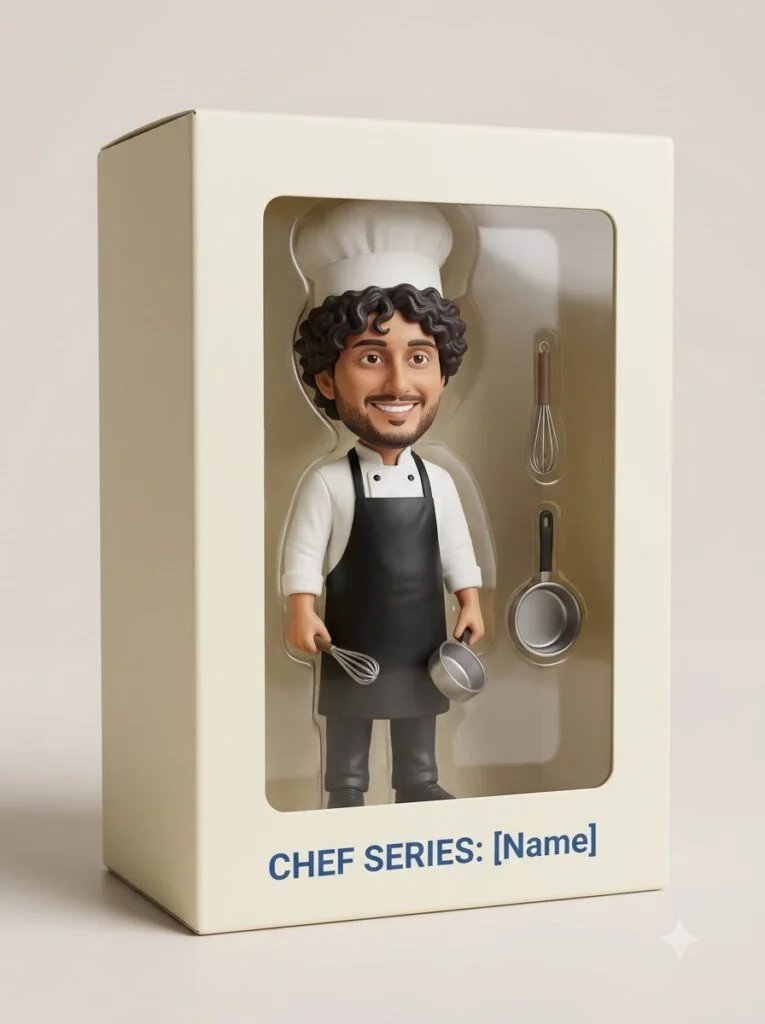 Boxed chef figurine with apron, chef hat, whisk and saucepan accessories