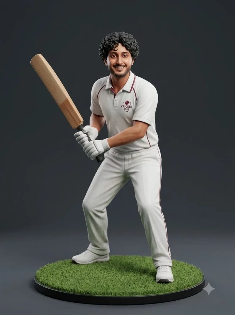 Cricket player figurine in an unbranded uniform holding a bat on a grass-textured base