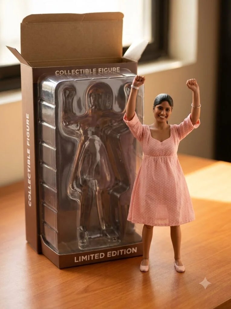 Opened figurine box on a desk with the figurine standing beside its packaging