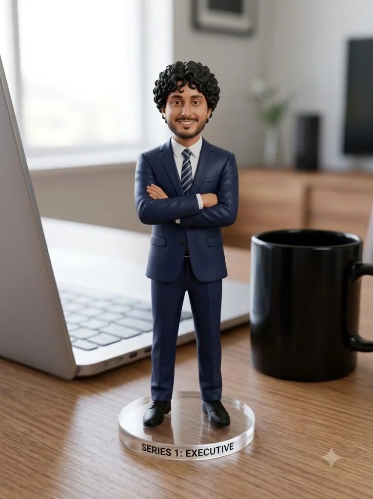 Tabletop miniature figurine of a businessman in a suit standing on an acrylic base
