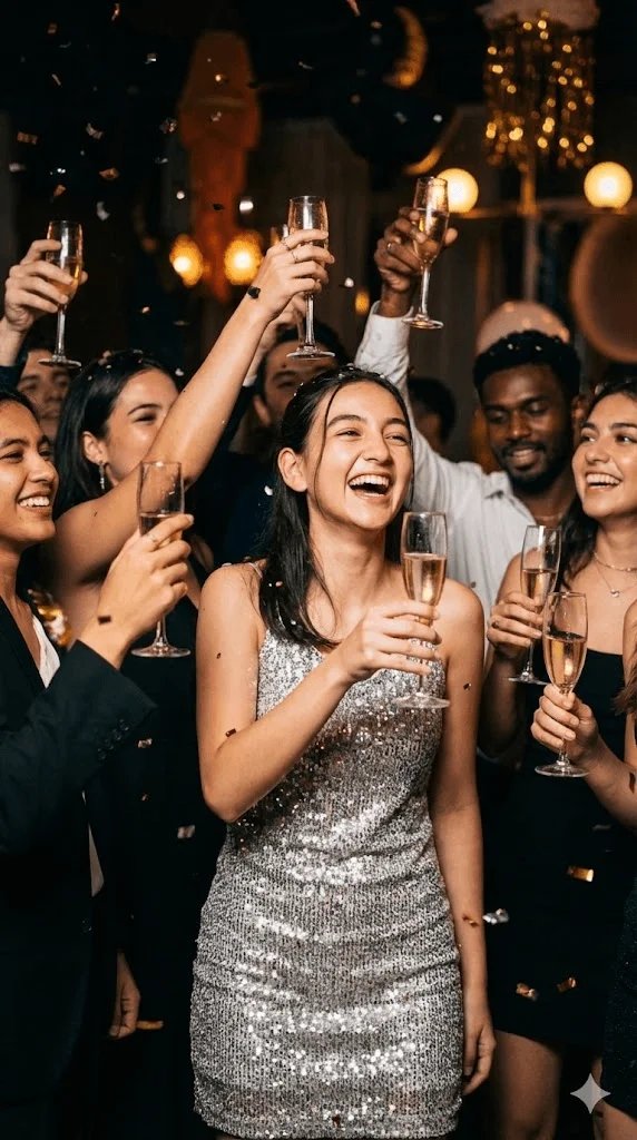 New Year party prompt preview with festive lights and confetti