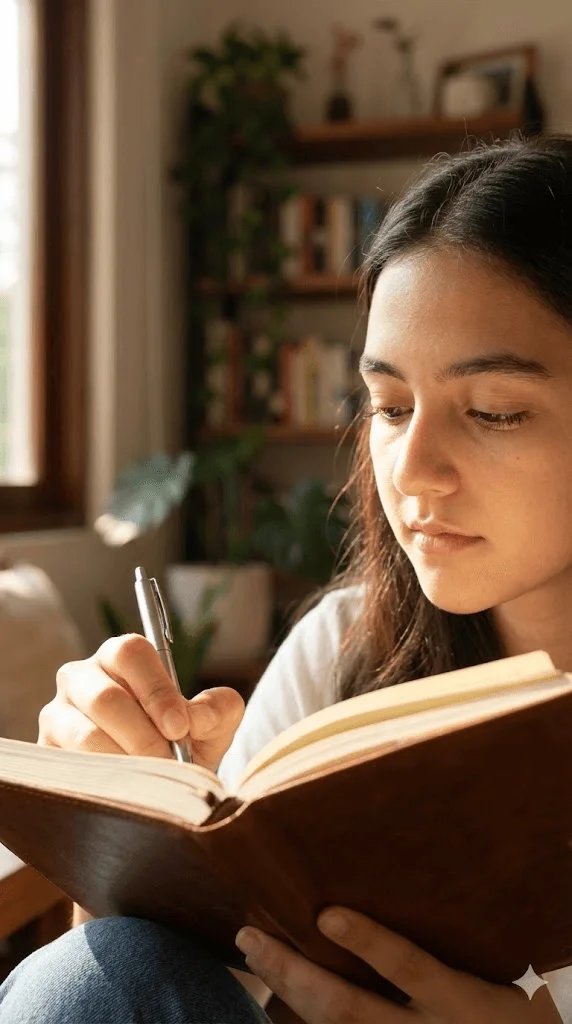 New Year journaling prompt preview with warm light and leather journal