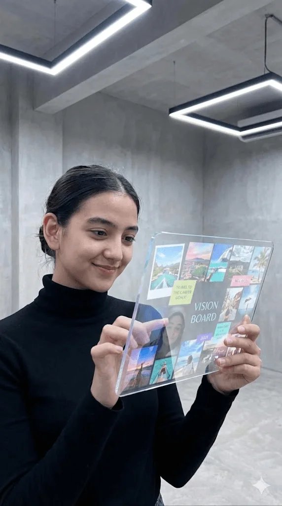 Digital vision board prompt preview with holographic tablet and modern room
