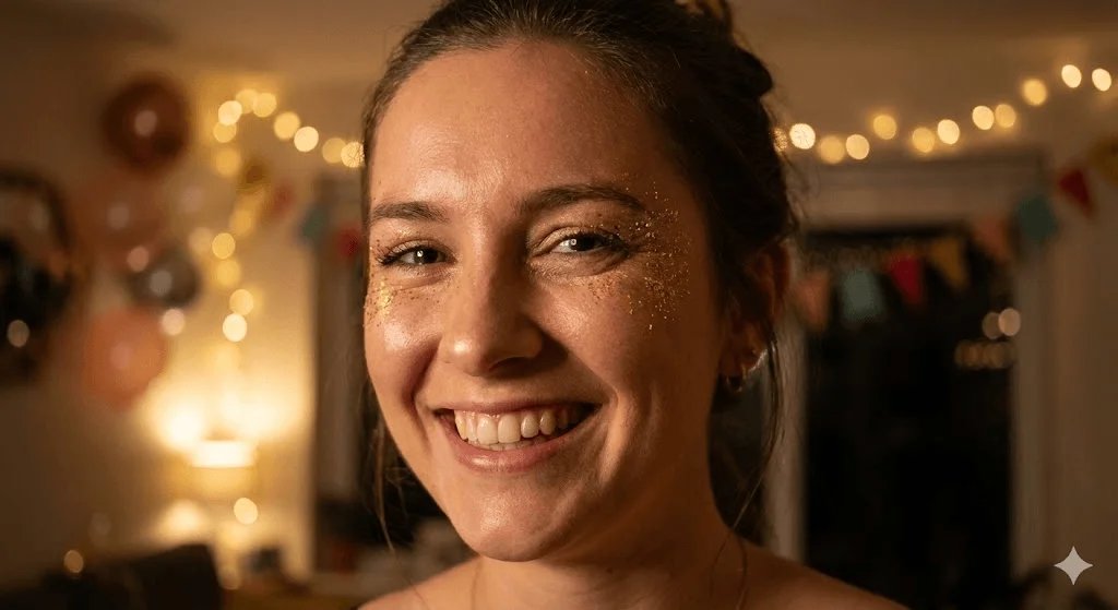 Festive Instagram DP prompt preview with fairy lights and joyful portrait lighting