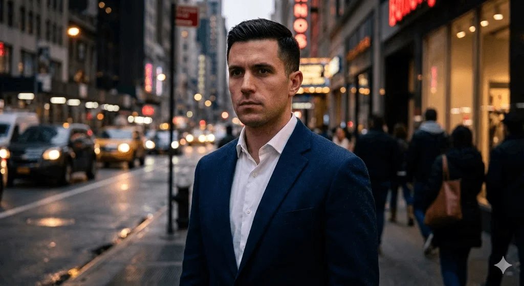 Urban chic Instagram DP prompt preview with blazer and city lights