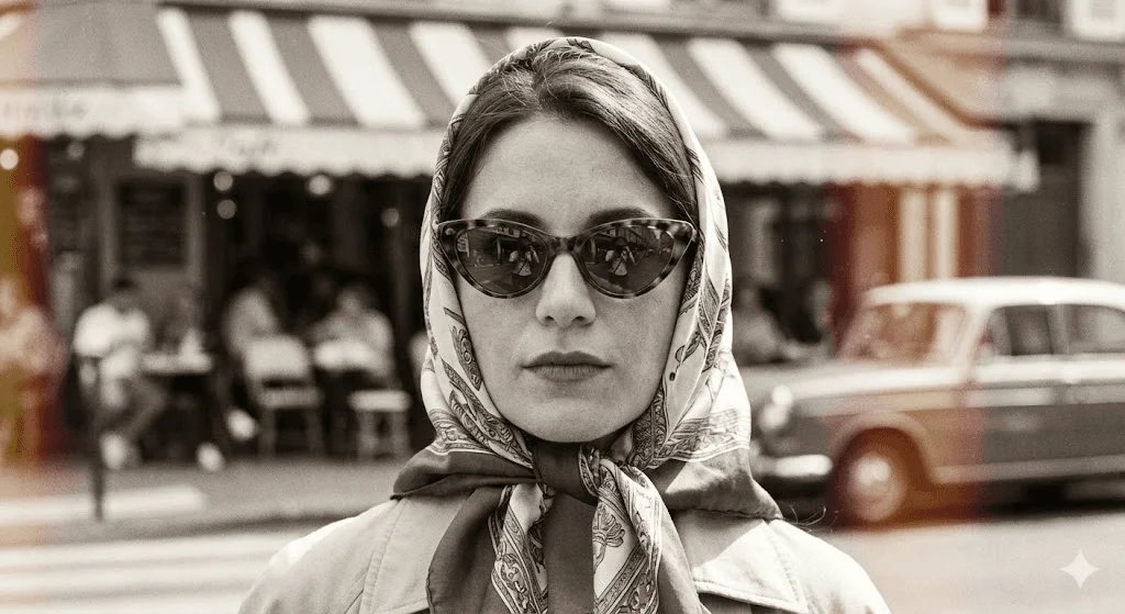 Retro Instagram DP prompt preview with vintage scarf and film grain