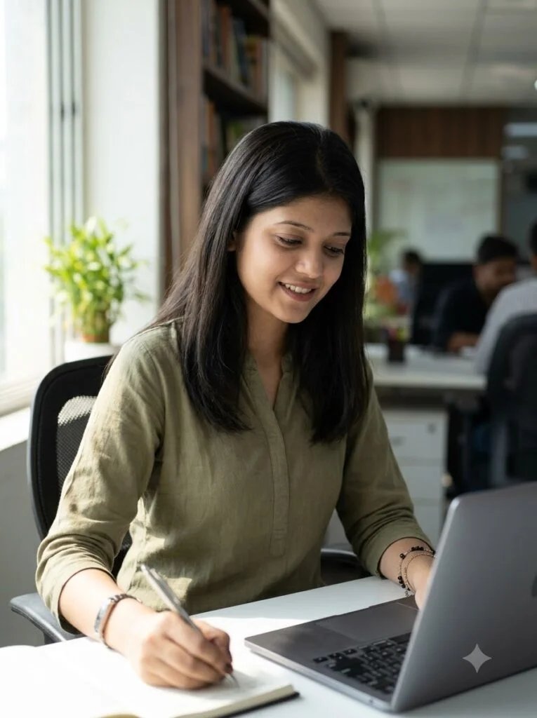 Woman working by an office window in a simple muted-colour cotton kurti