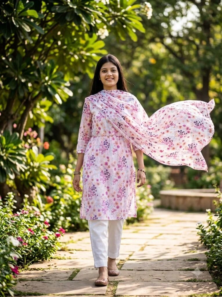 Woman in a flowy printed kurti walking through a garden