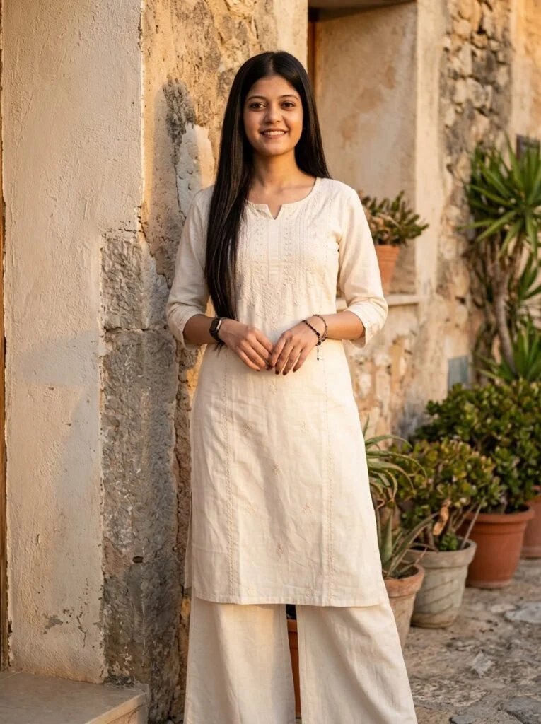 Woman wearing a kurti and palazzo set beside a rustic wall at golden hour