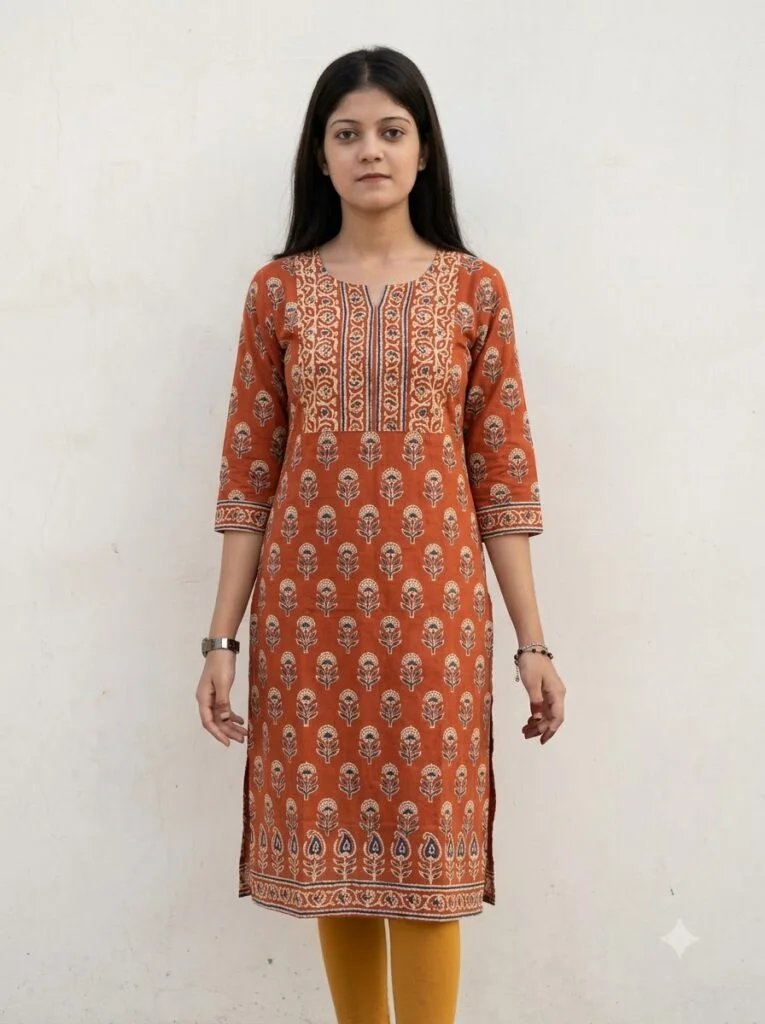 Woman wearing a rust-orange hand-block-print kurti with mustard leggings