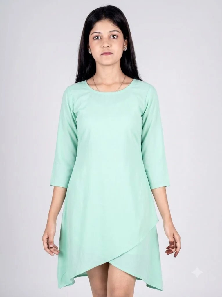 Woman wearing a pastel asymmetric-hem kurti with minimal jewellery