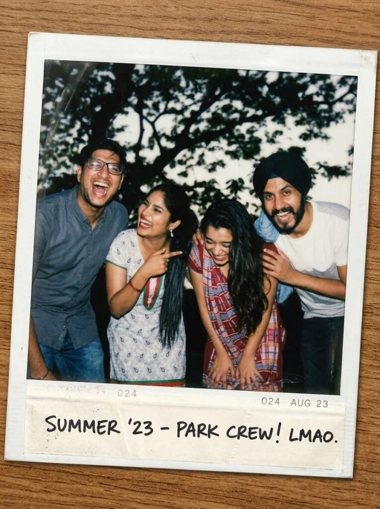 Friends laughing together in a candid Polaroid-style casual hangout photo