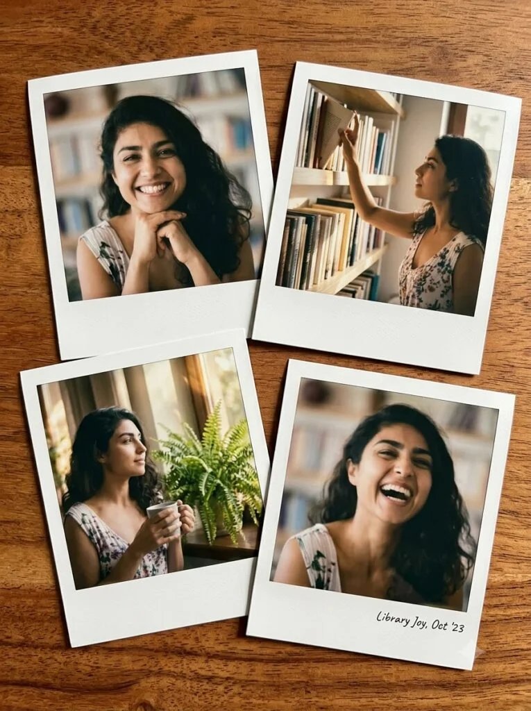 Four overlapping Polaroid-style photos arranged on a wooden table